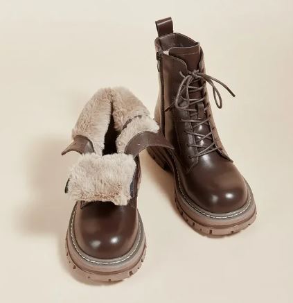 Nina - Women's Combat Boots with Faux Fur Cuff and Lace-Up Front - photo 2