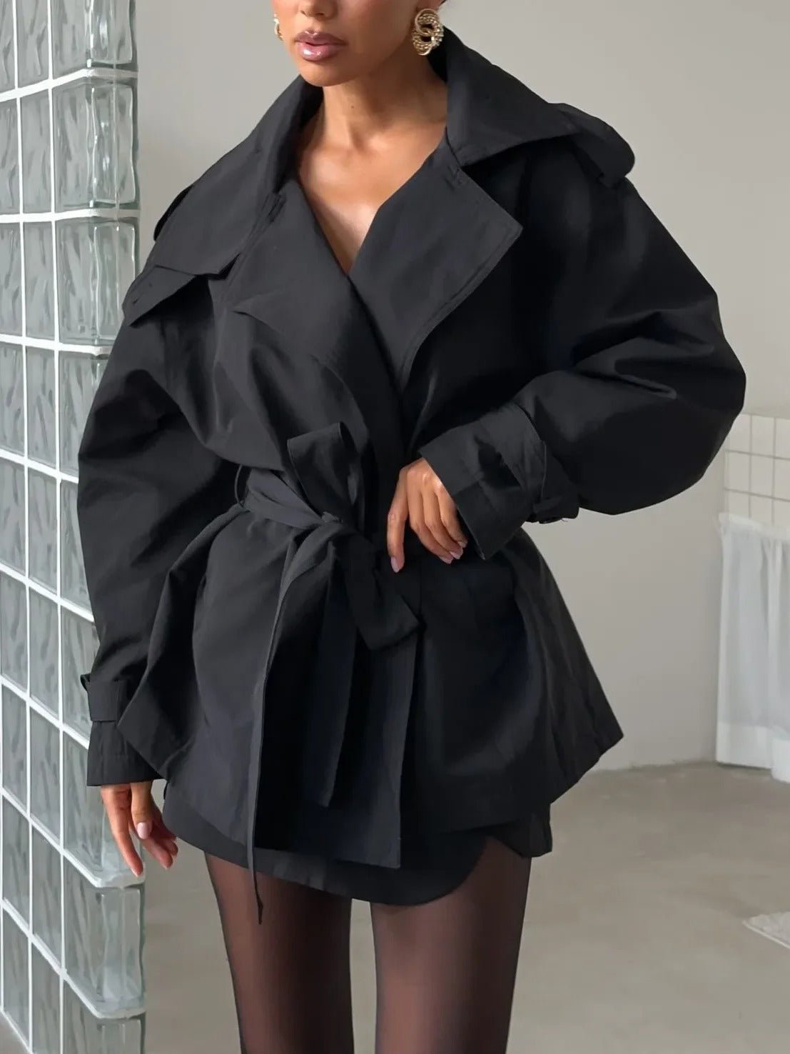 Petra - Women's Cropped Trench Coat with Collar - photo 12
