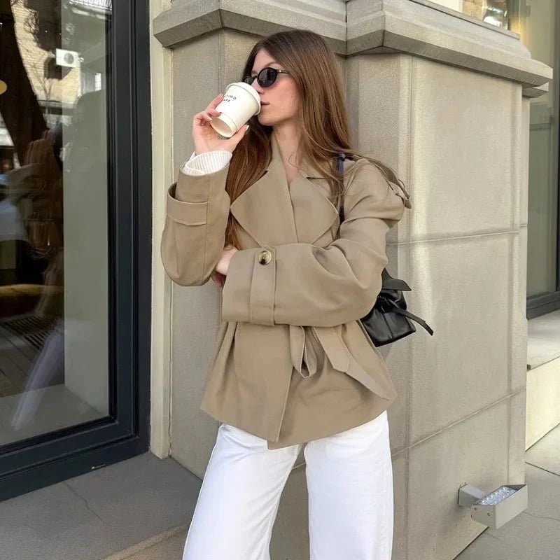 Petra - Women's Cropped Trench Coat with Collar - photo 8