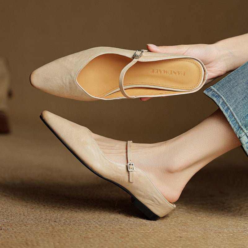 Pointed Toe Mules Genuine Leather Mary Jane Strap in Beige
