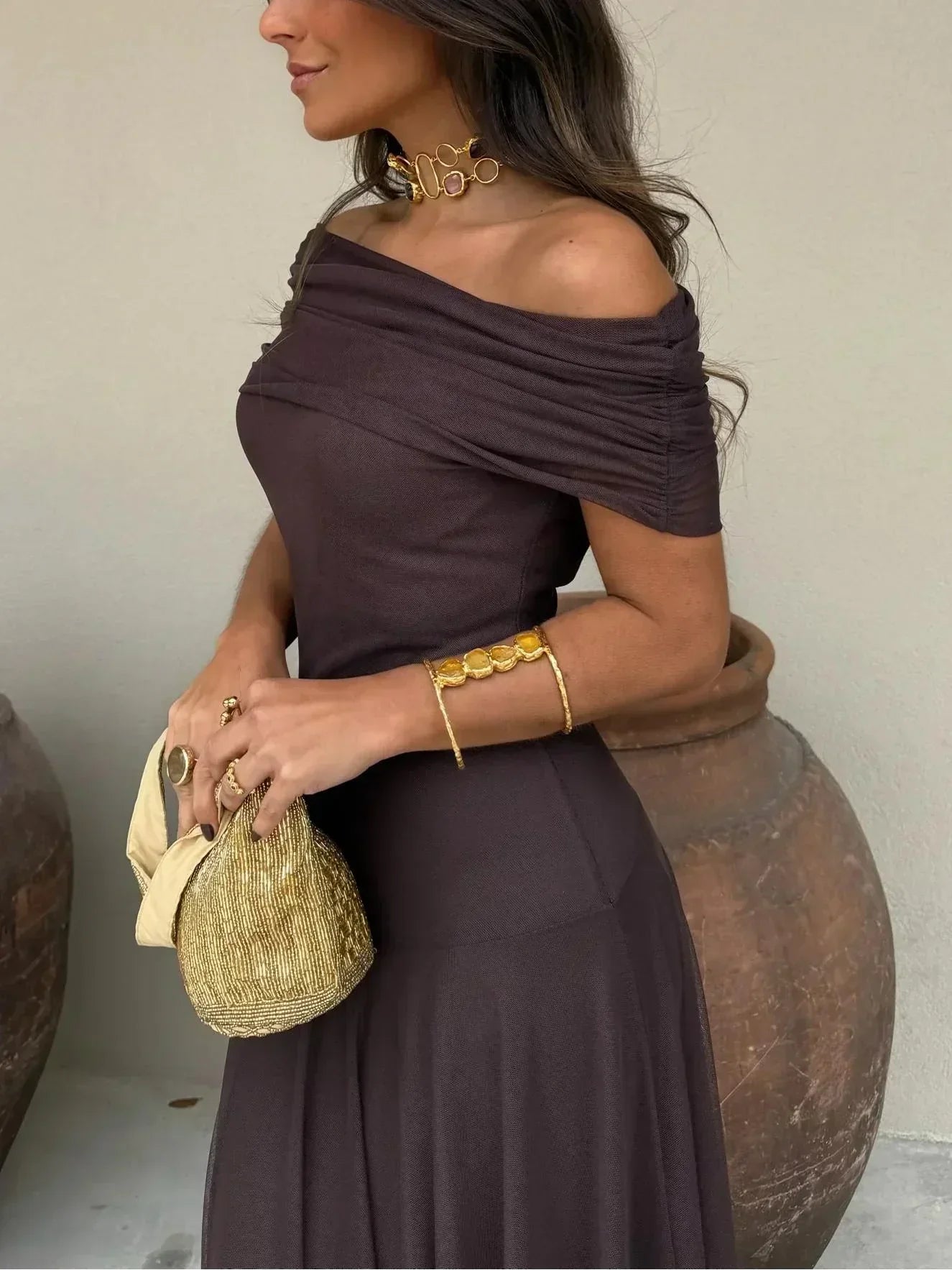 Odette - Women's Off-Shoulder Maxi Dress in Chocolate