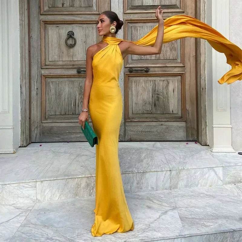 Athena - Abito maxi monospalla drappeggiato da donna