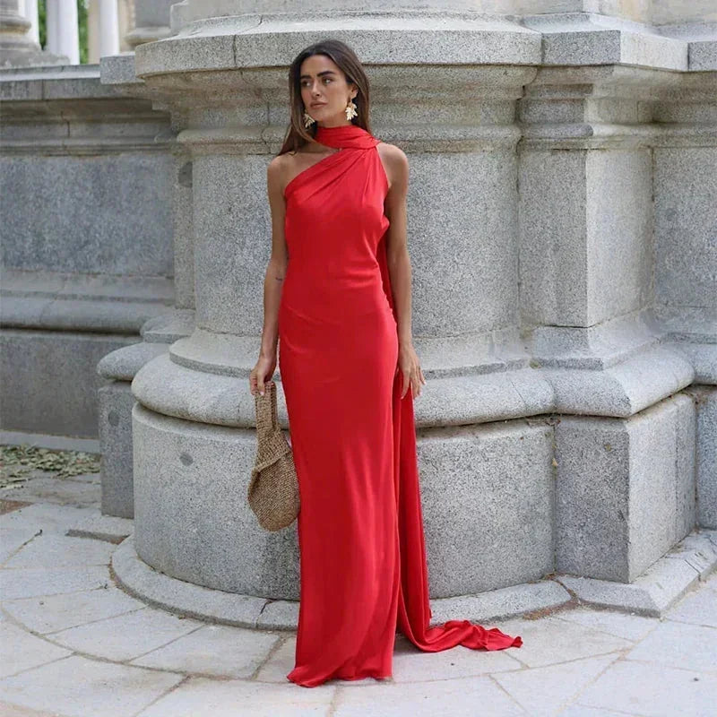 Athena - Abito maxi monospalla drappeggiato da donna
