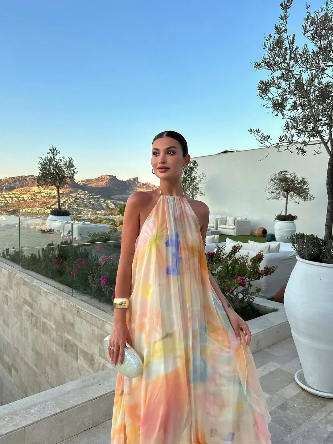 Mira - Women's Printed Backless Maxi Dress