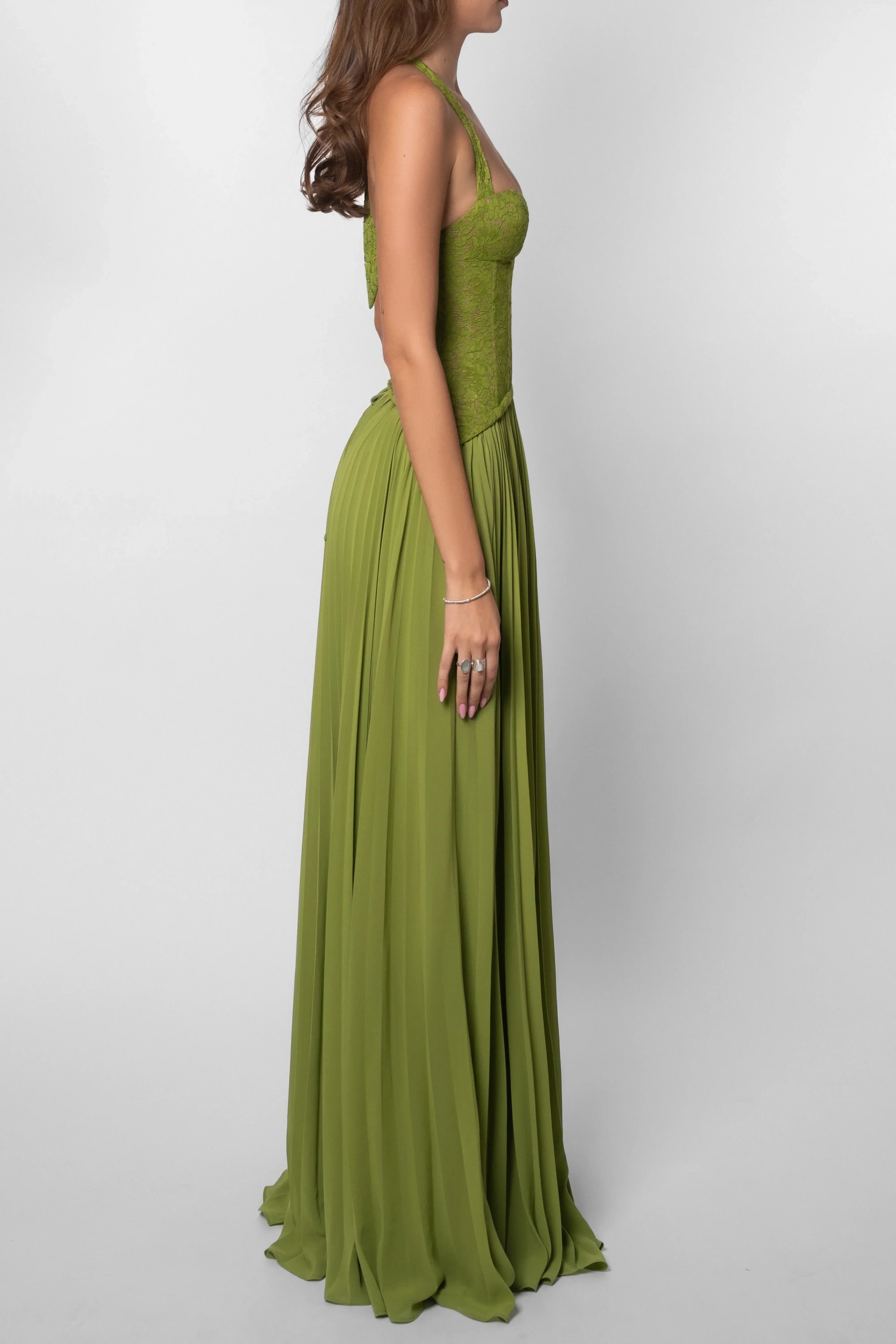 Emerald - Abito lungo con corsetto plissettato verde da donna
