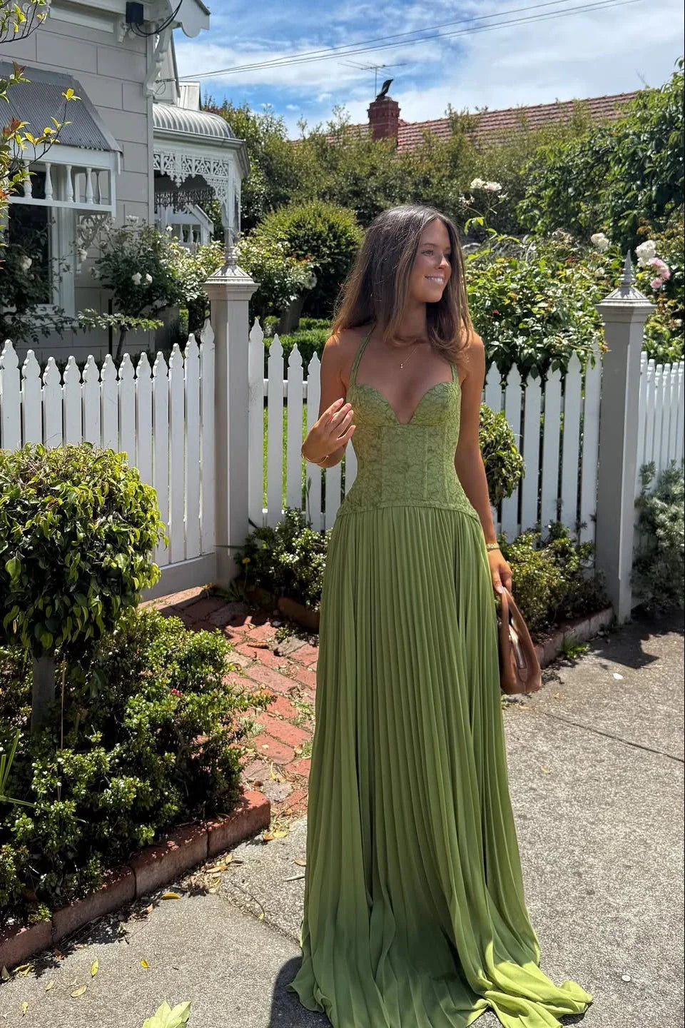 Emerald - Abito lungo con corsetto plissettato verde da donna