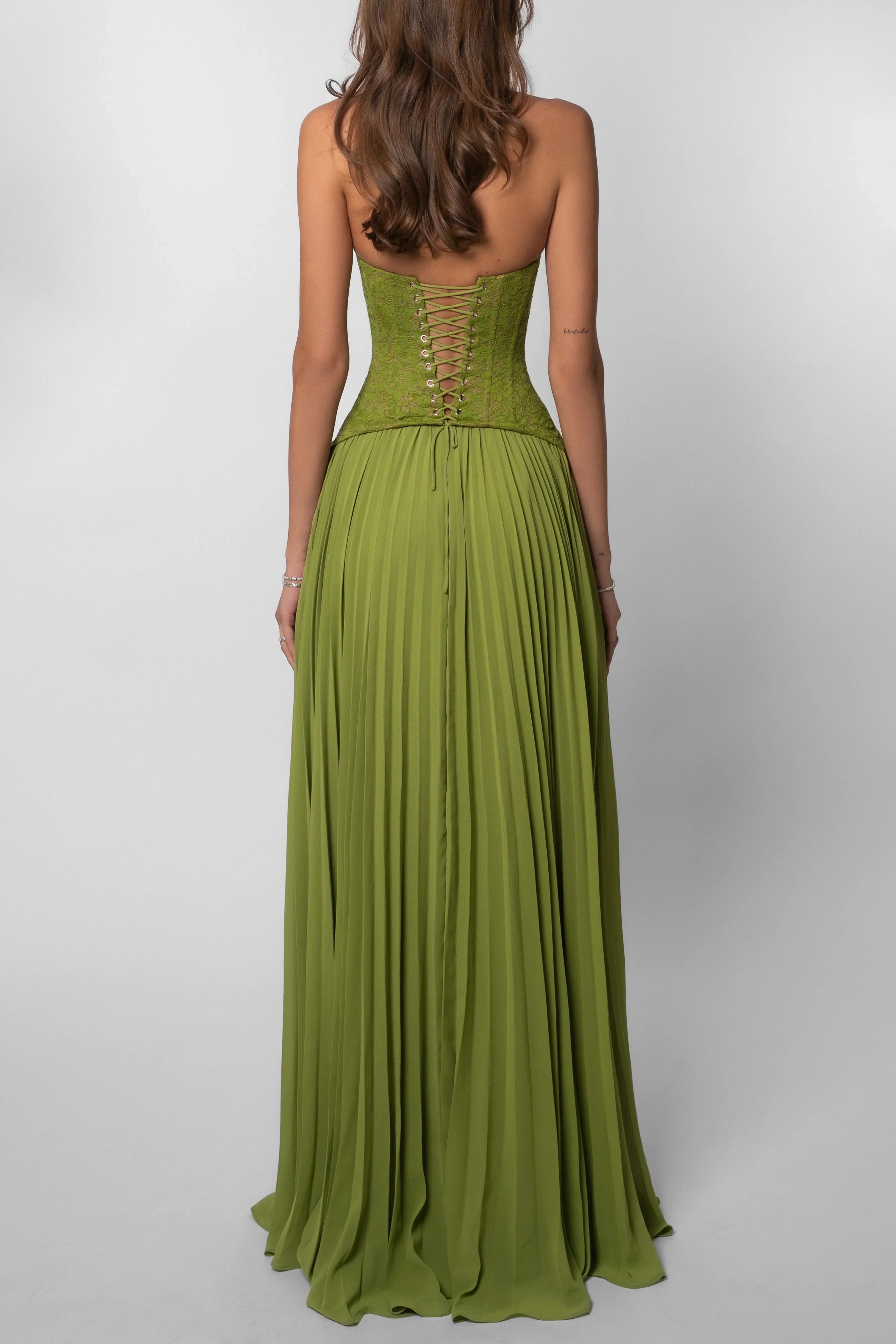 Emerald - Abito lungo con corsetto plissettato verde da donna