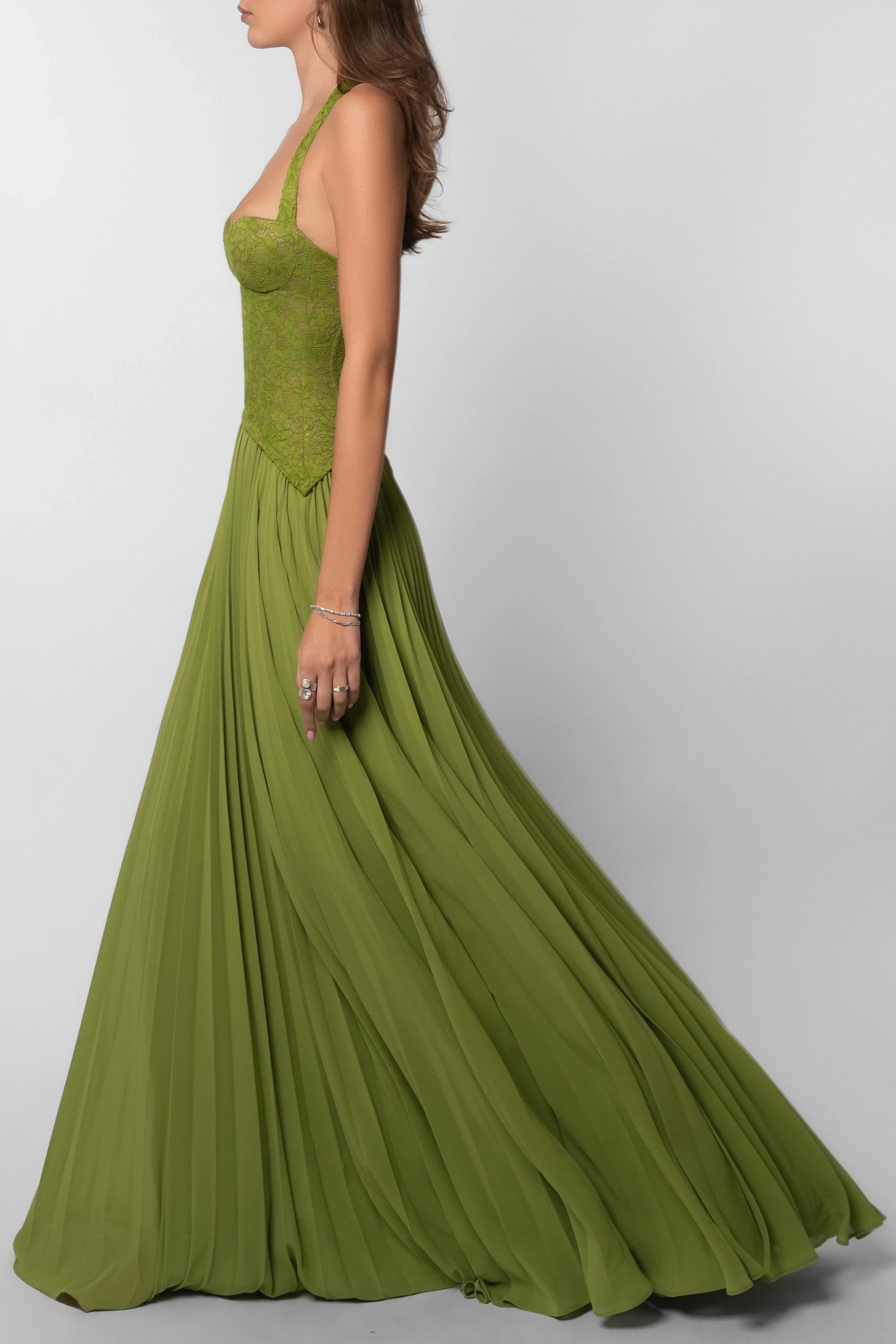 Emerald - Abito lungo con corsetto plissettato verde da donna