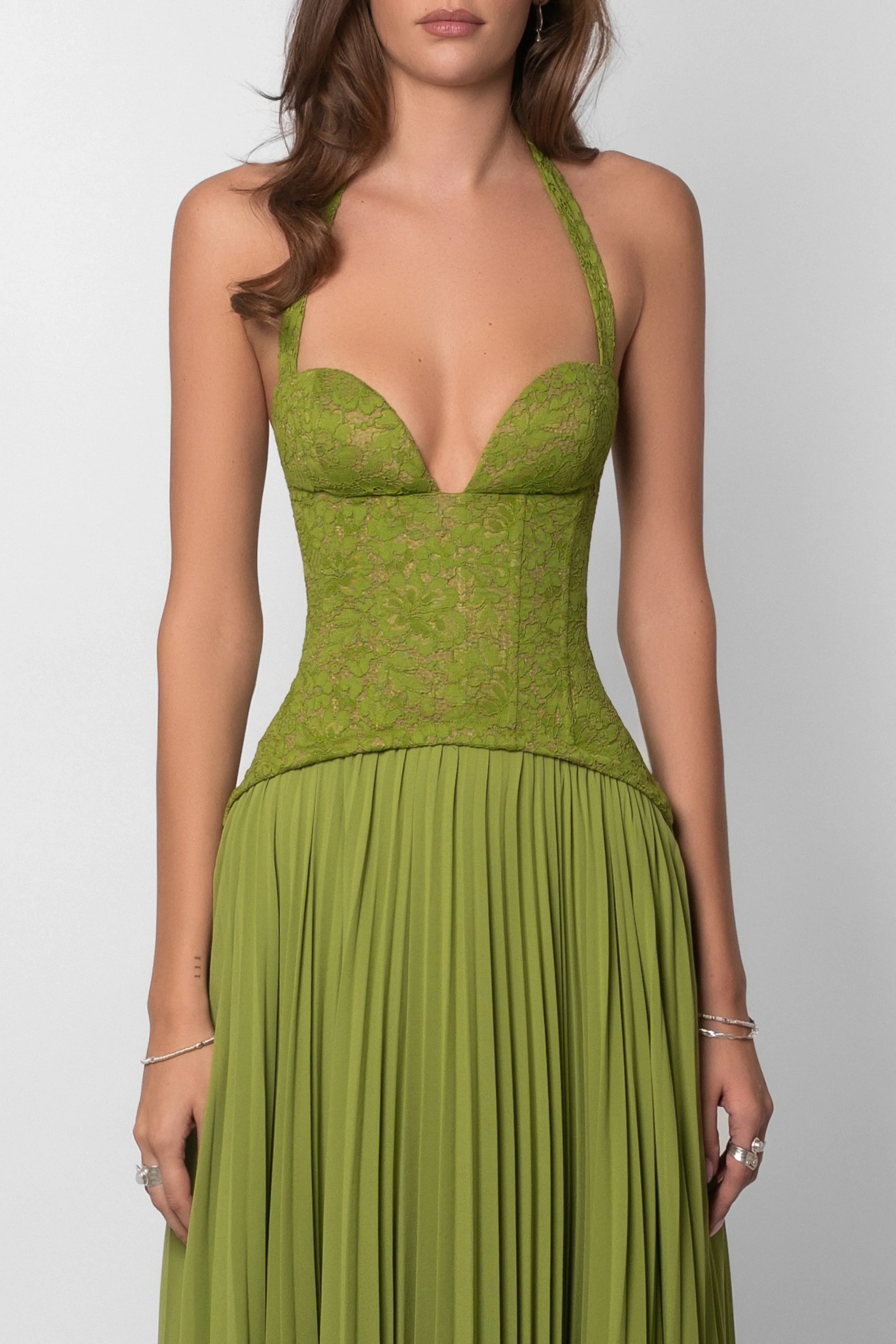 Emerald - Abito lungo con corsetto plissettato verde da donna