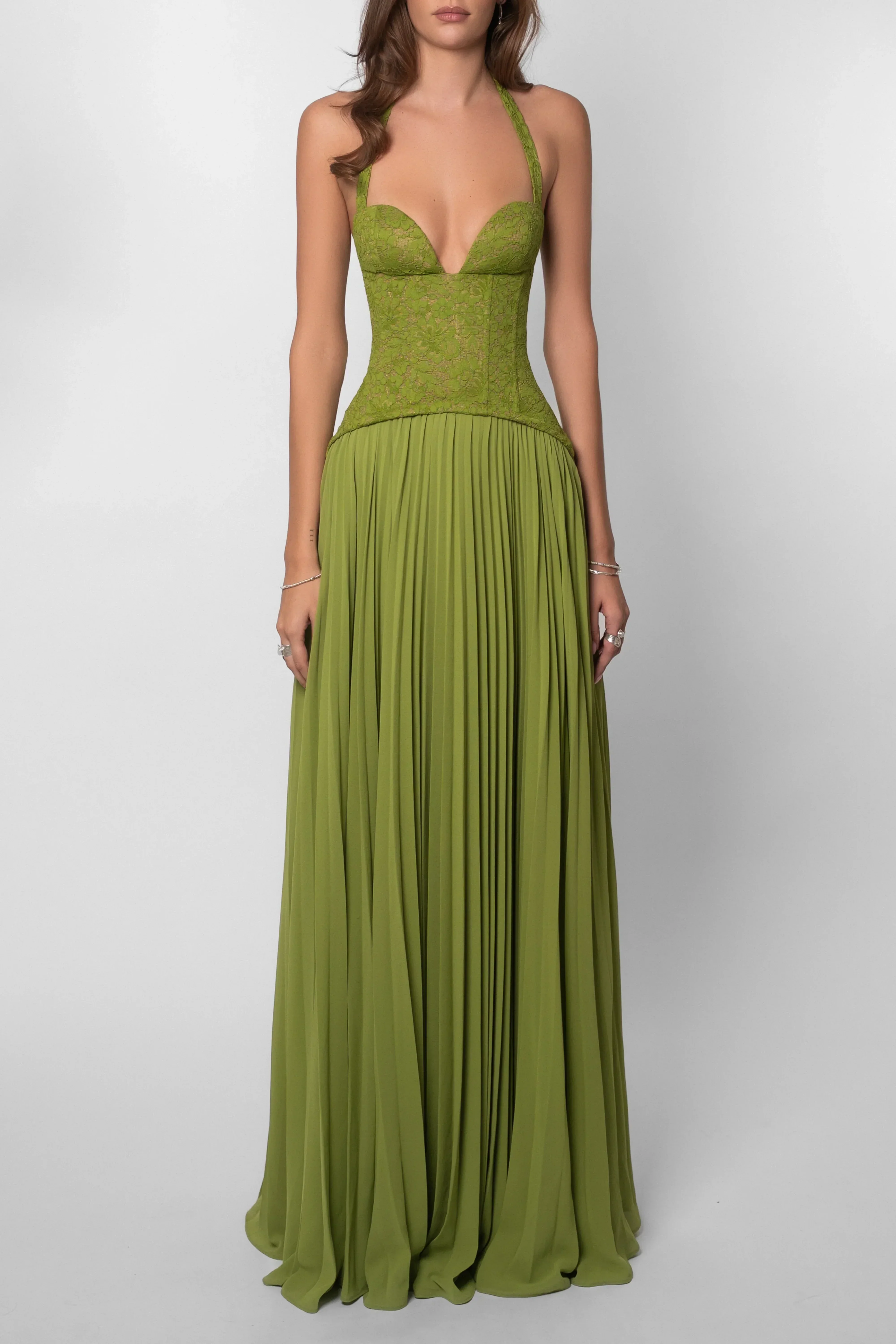 Emerald - Abito lungo con corsetto plissettato verde da donna