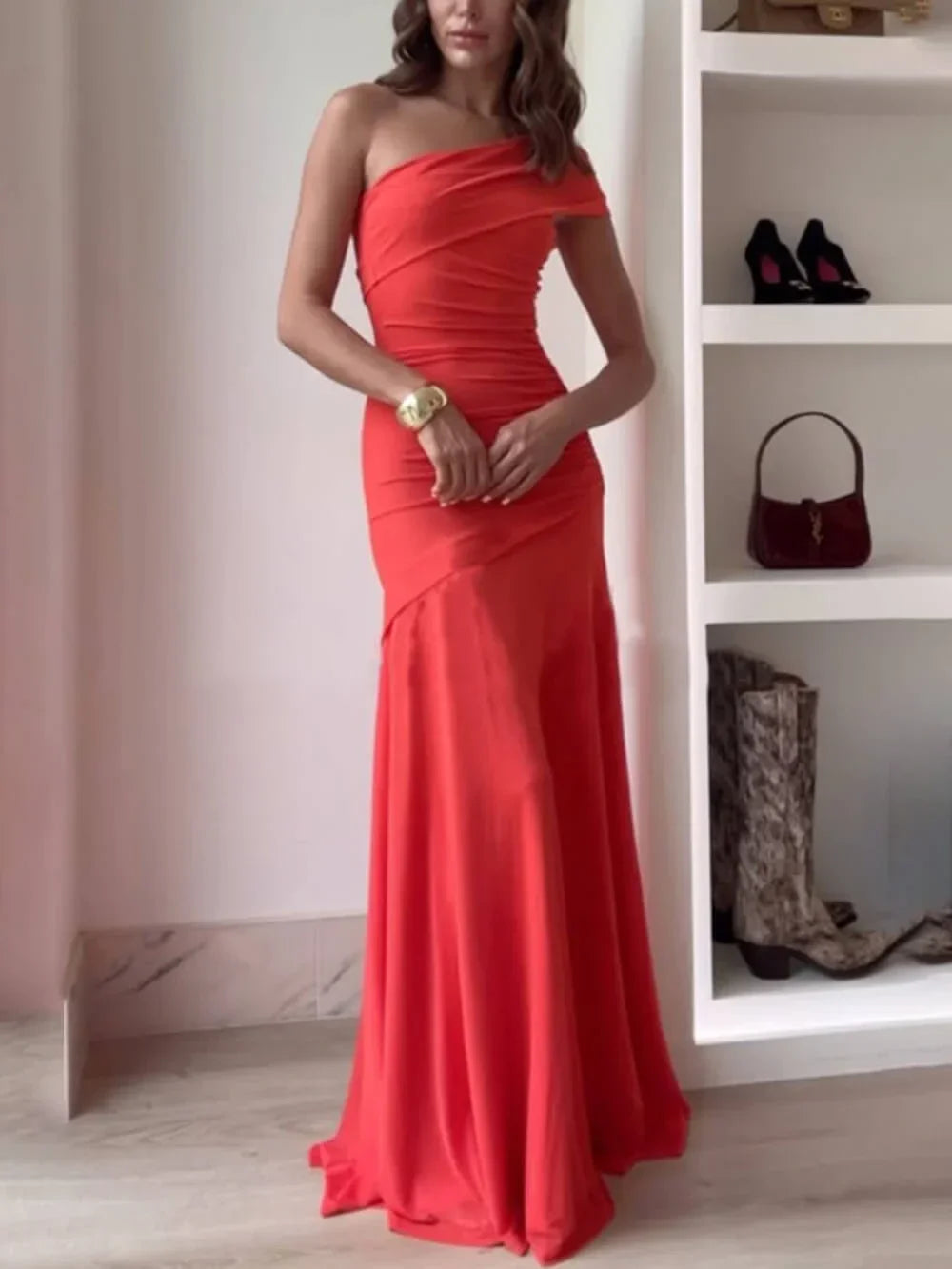Selene - Maxi abito da sera drappeggiato asimmetrico da donna