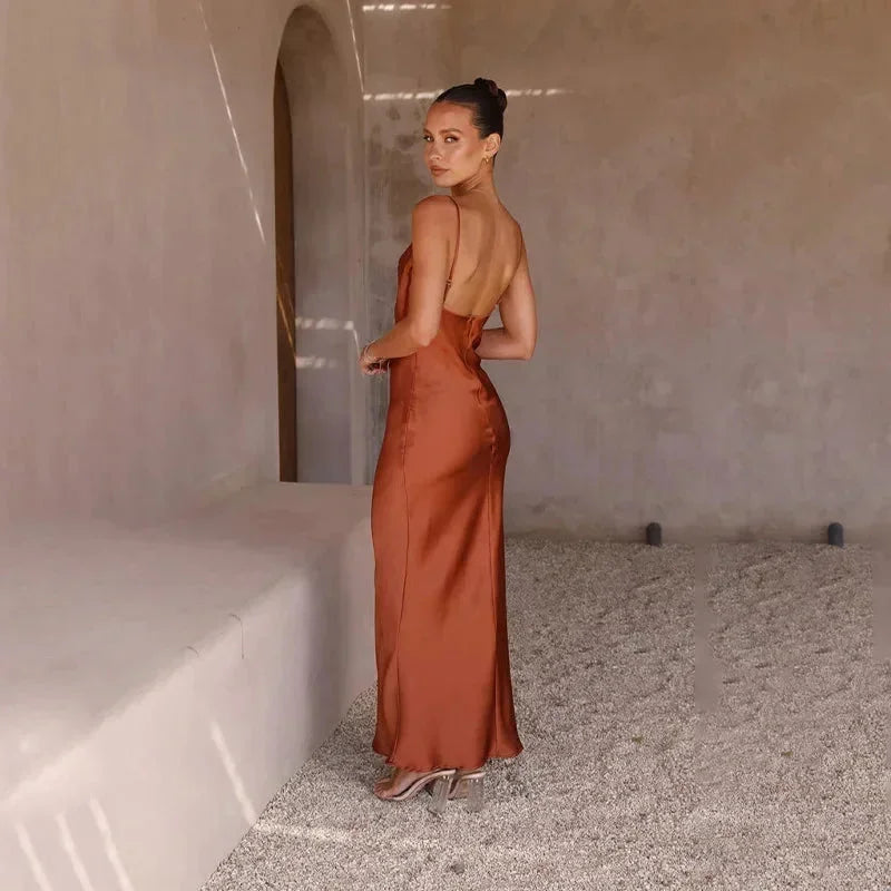 Sabine - Abito lungo da donna in raso con collo ad anello