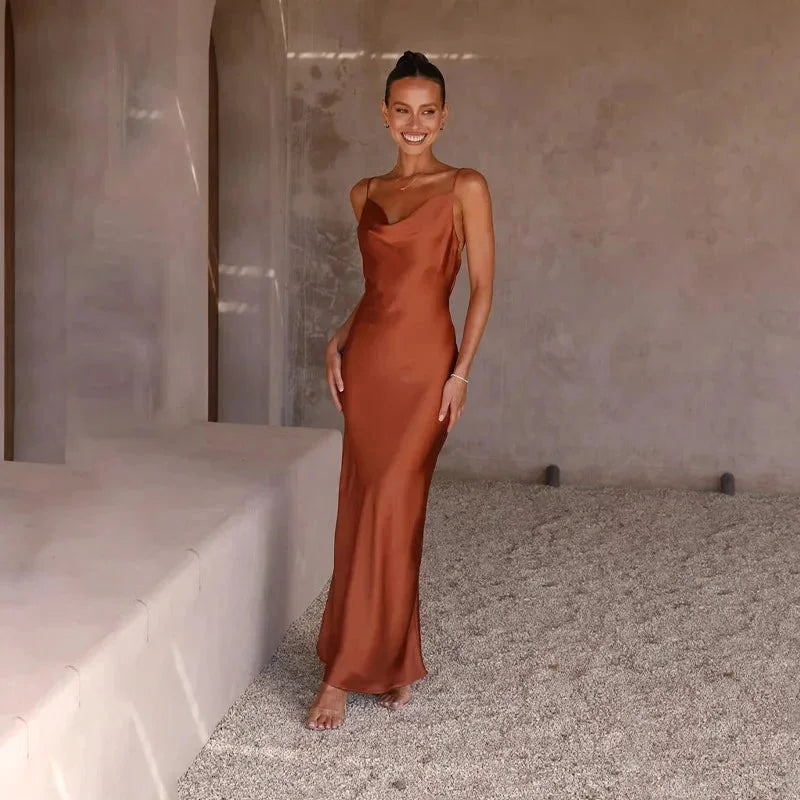 Sabine - Abito lungo da donna in raso con collo ad anello