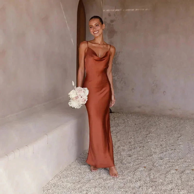 Sabine - Abito lungo da donna in raso con collo ad anello