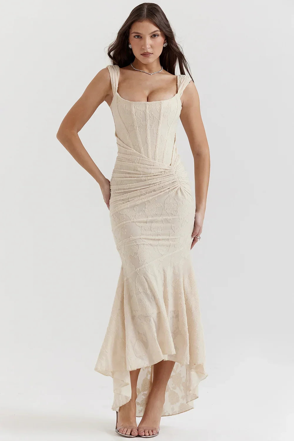 Abito midi floreale asimmetrico da donna con spalline larghe