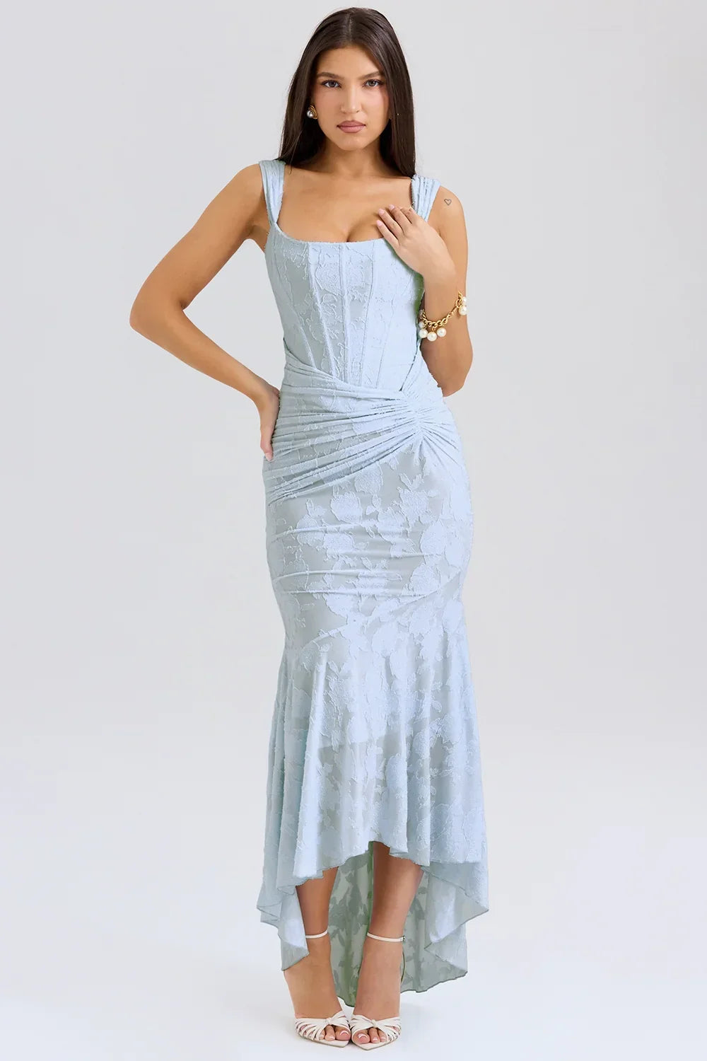 Abito midi floreale asimmetrico da donna con spalline larghe