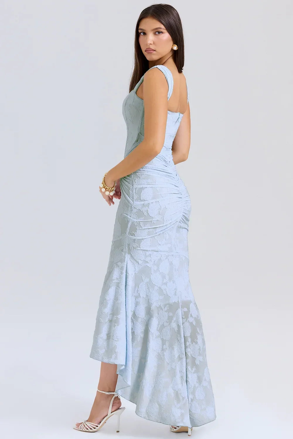Abito midi floreale asimmetrico da donna con spalline larghe