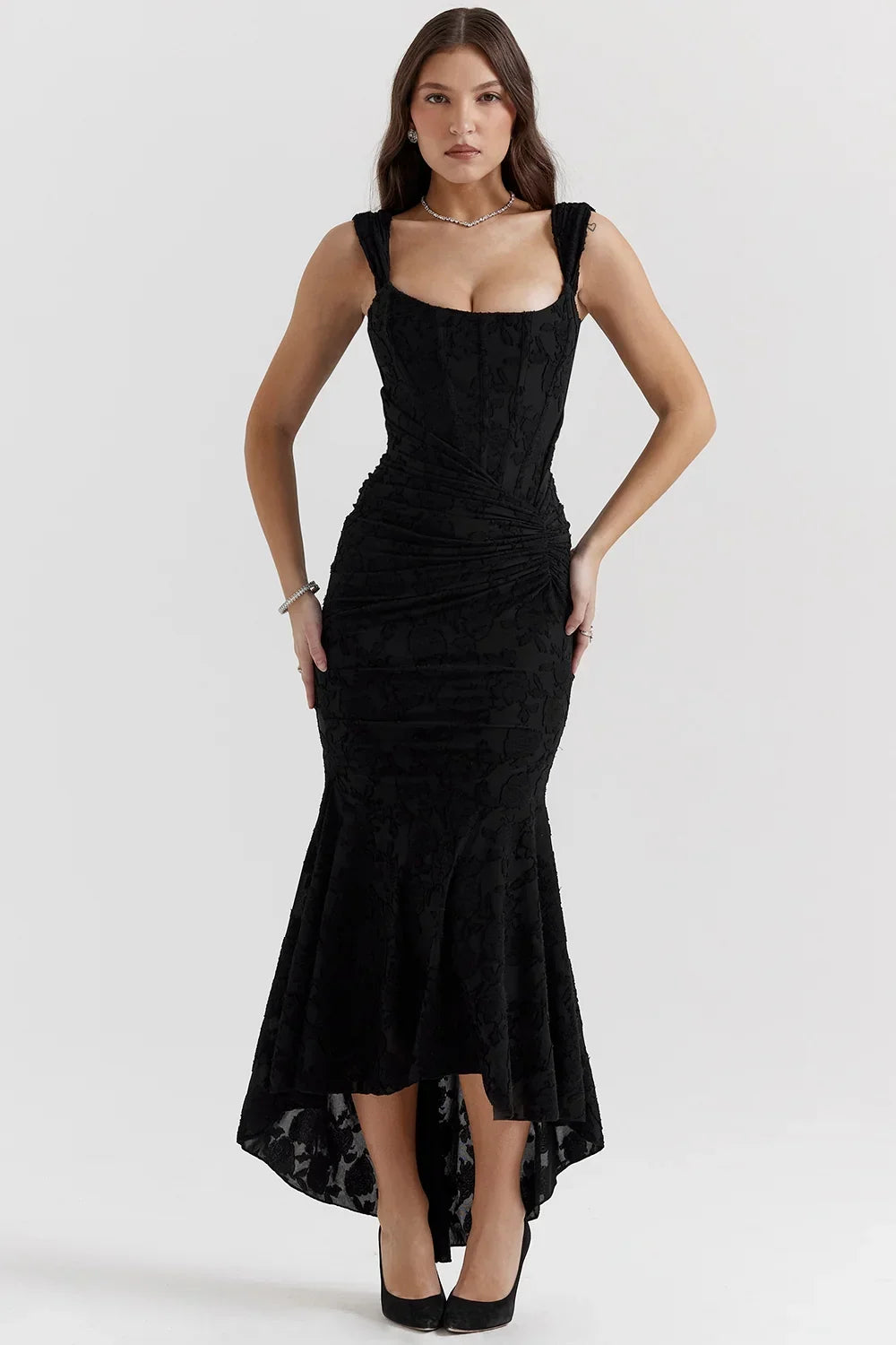 Abito midi floreale asimmetrico da donna con spalline larghe