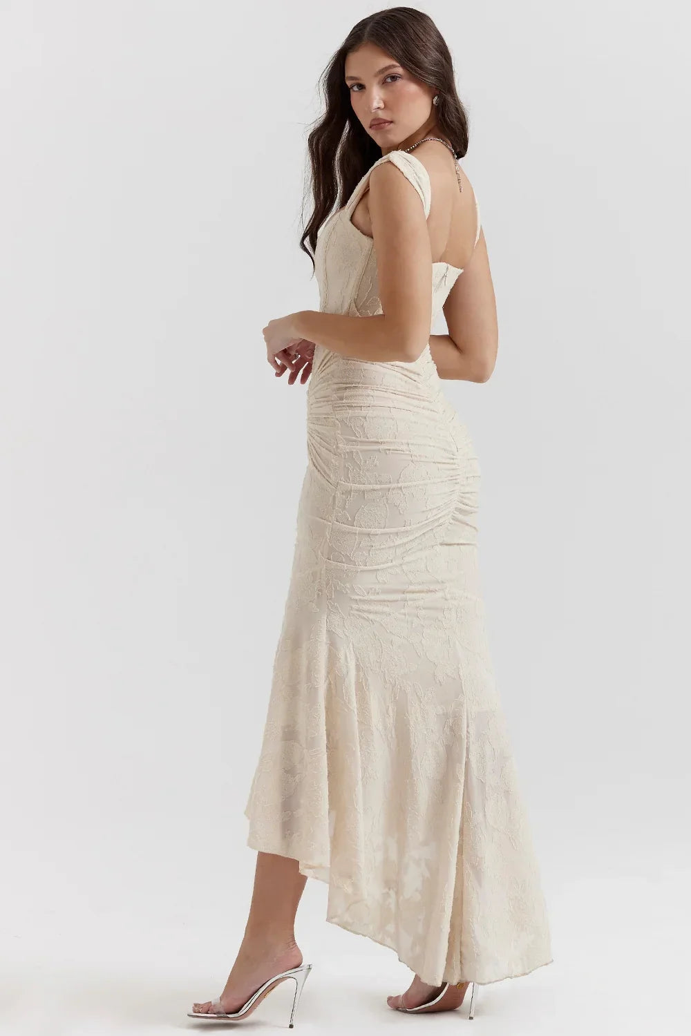Abito midi floreale asimmetrico da donna con spalline larghe