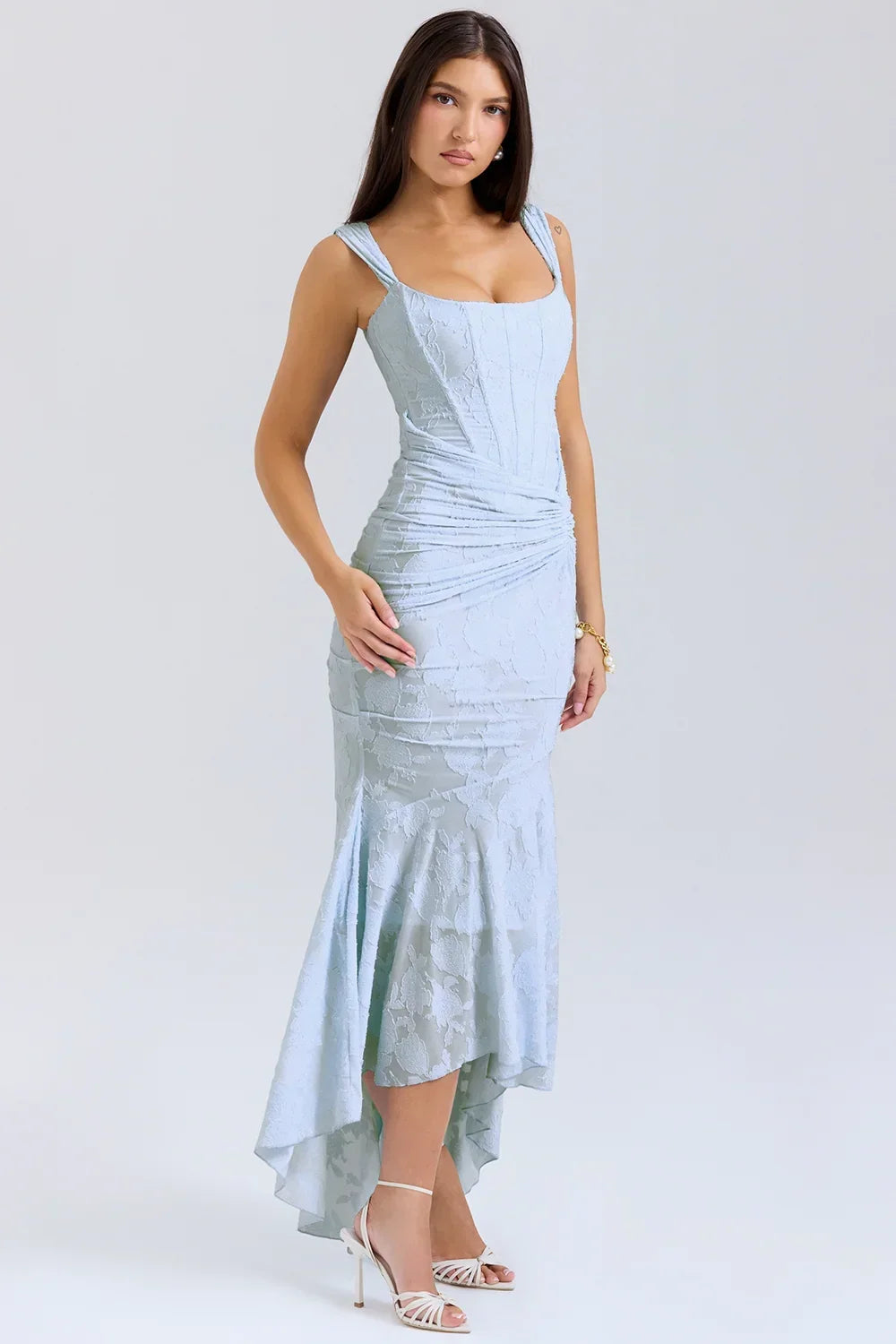 Abito midi floreale asimmetrico da donna con spalline larghe