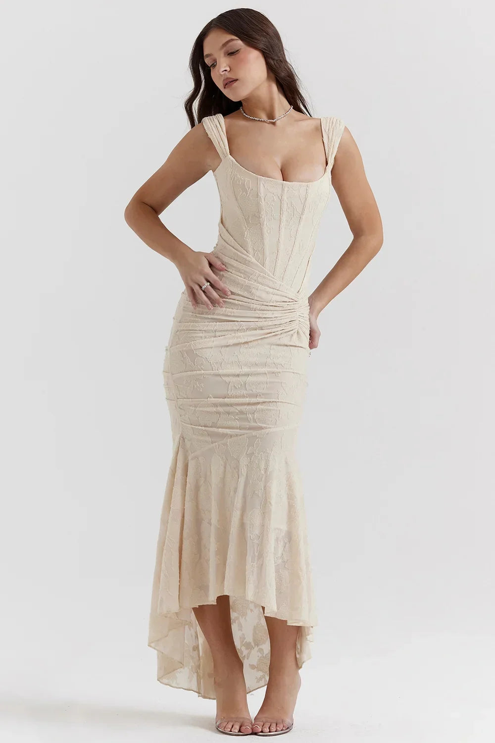 Abito midi floreale asimmetrico da donna con spalline larghe