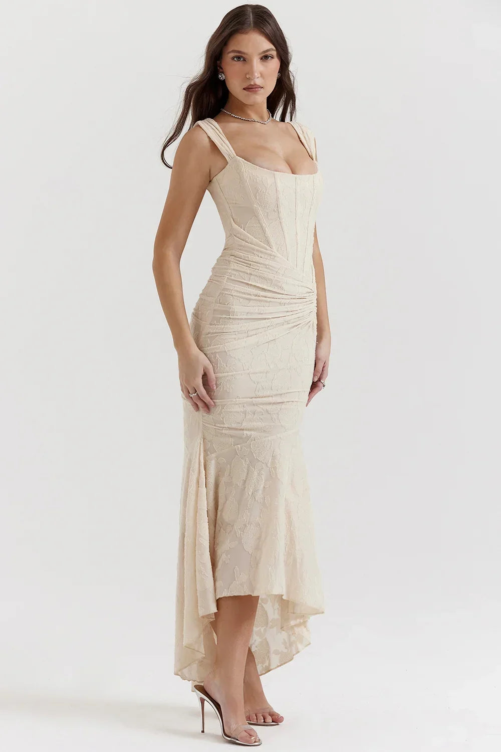 Abito midi floreale asimmetrico da donna con spalline larghe