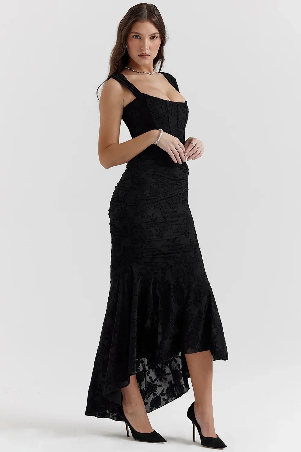 Abito midi floreale asimmetrico da donna con spalline larghe