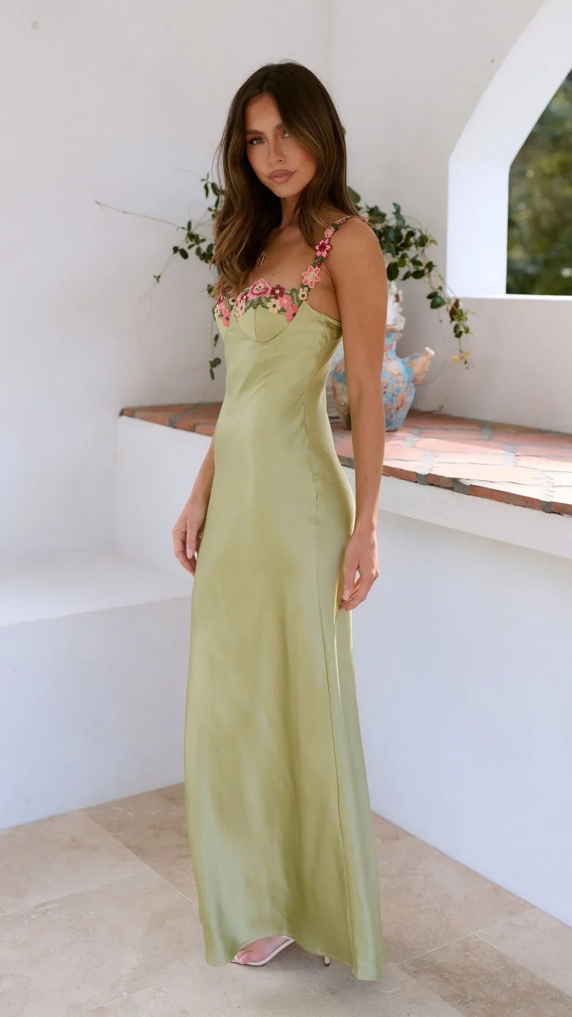 Elodie - Women's Light Green Floral Strap Maxi Dress