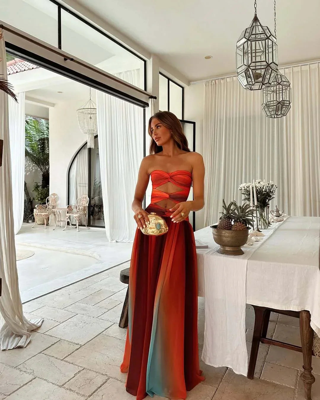 Aurora - Women's Strapless Red and Orange Summer Maxi Dress