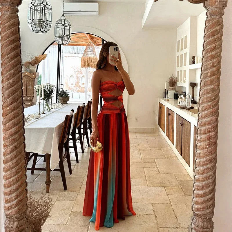 Aurora - Women's Strapless Red and Orange Summer Maxi Dress