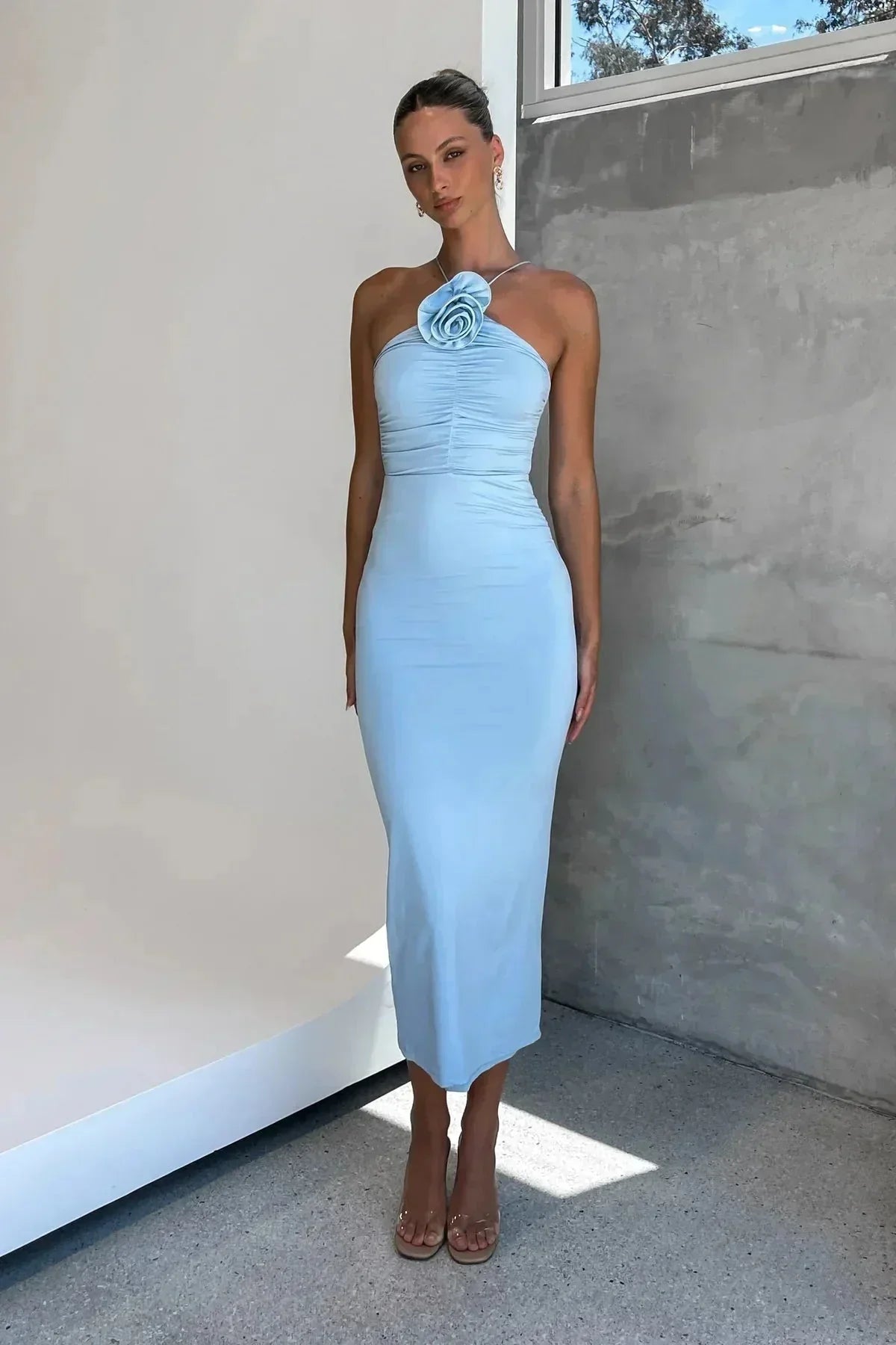 Women's Fitted Midi Dress with Asymmetric Neckline and Flower Detail