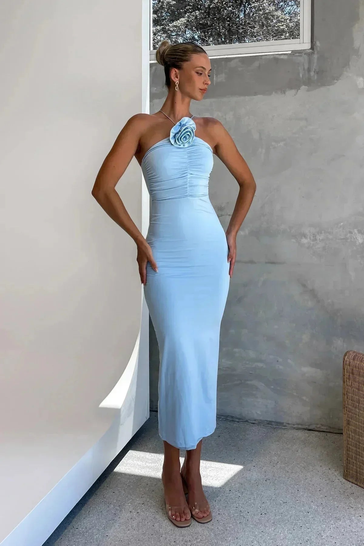 Women's Fitted Midi Dress with Asymmetric Neckline and Flower Detail