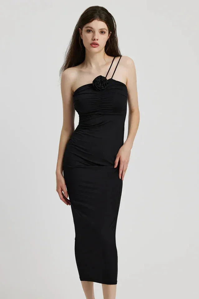 Women's Fitted Midi Dress with Asymmetric Neckline and Flower Detail