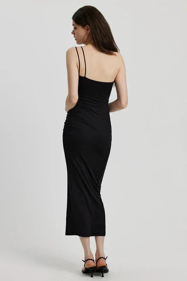 Women's Fitted Midi Dress with Asymmetric Neckline and Flower Detail