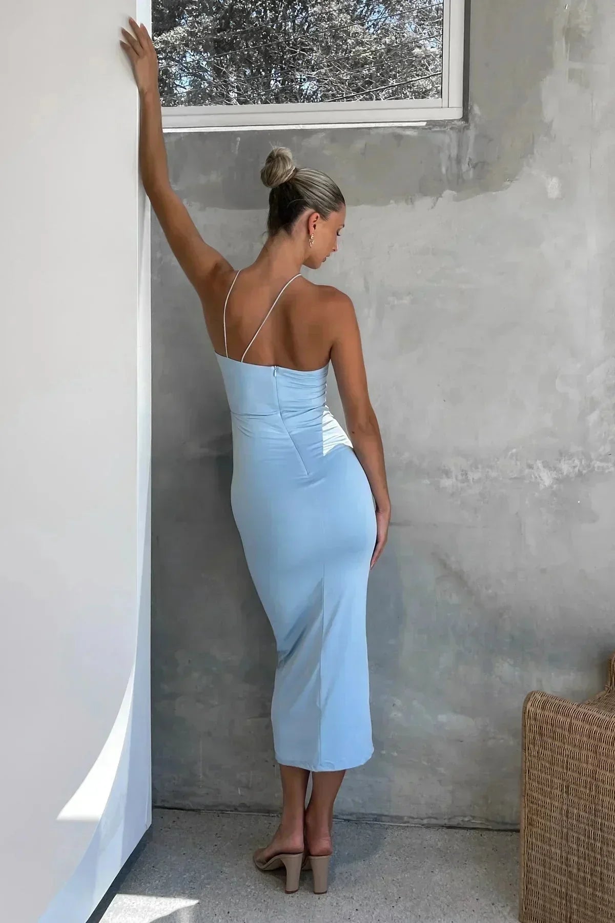 Women's Fitted Midi Dress with Asymmetric Neckline and Flower Detail