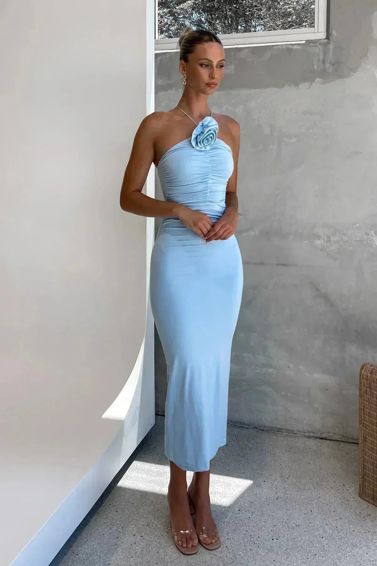 Women's Fitted Midi Dress with Asymmetric Neckline and Flower Detail