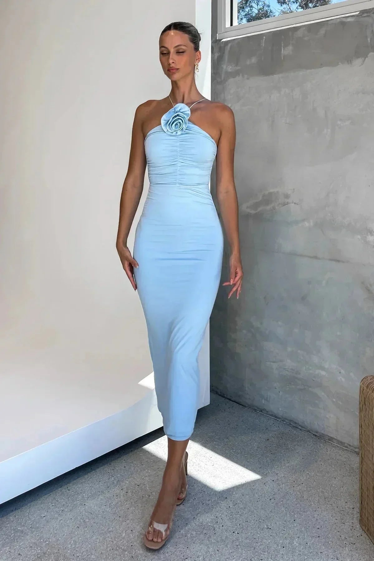 Women's Fitted Midi Dress with Asymmetric Neckline and Flower Detail