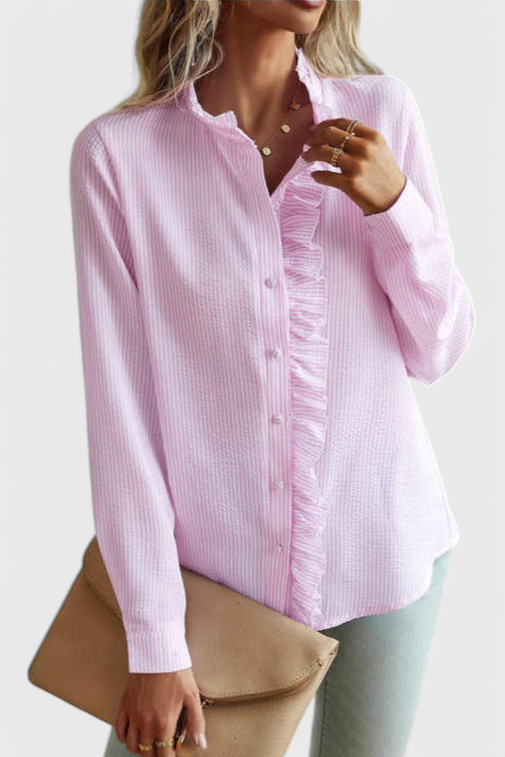 Women's Striped Shirt with Ruffle Placket
