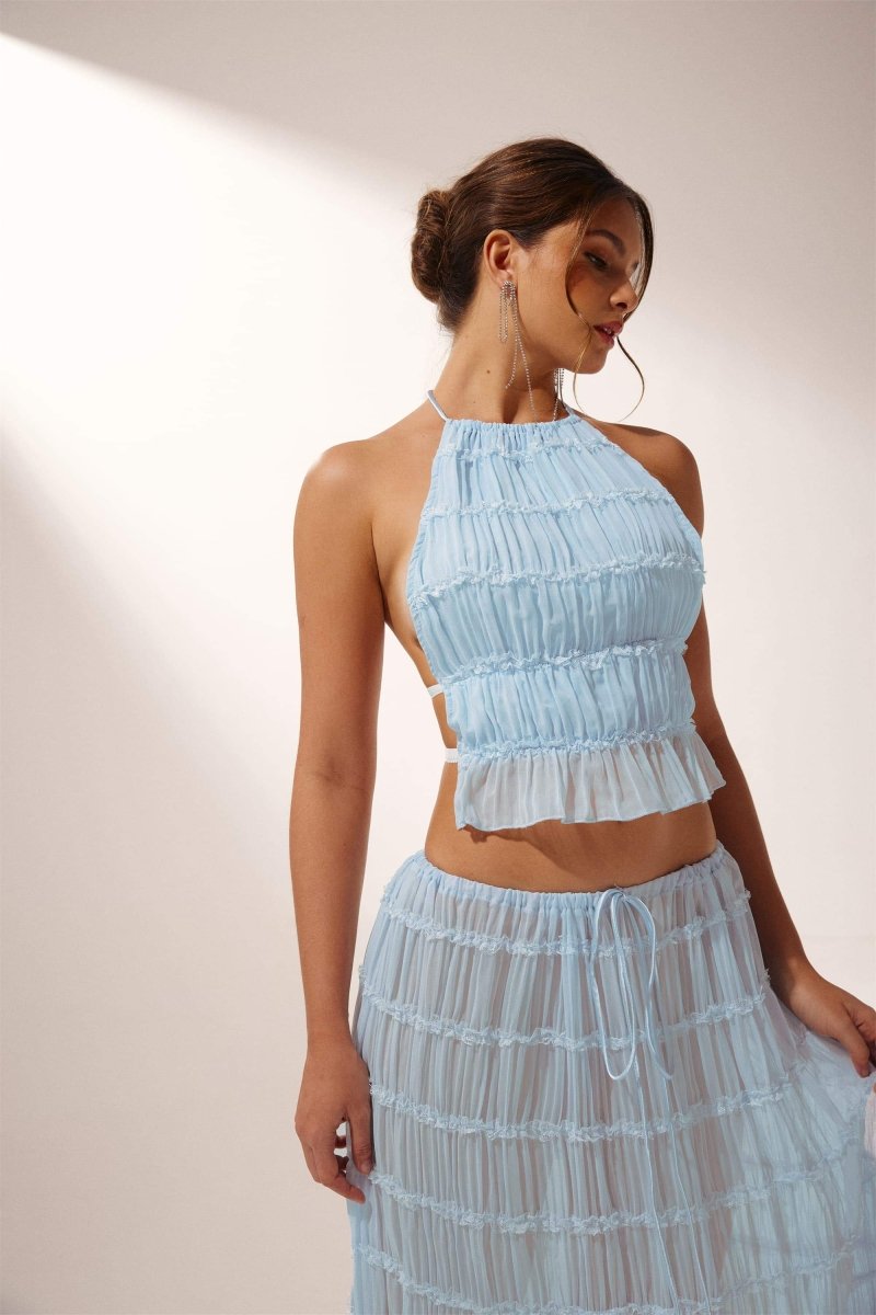 Dacia - Women's Pleated Backless Two-Piece Halter Set