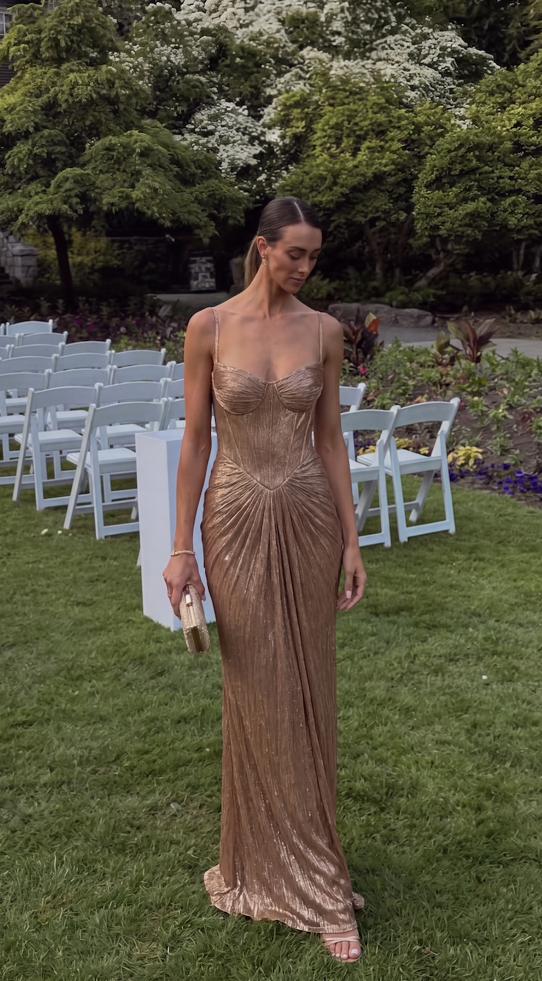 Sadie - Women's Gold Metallic Corset Maxi Dress - photo 5