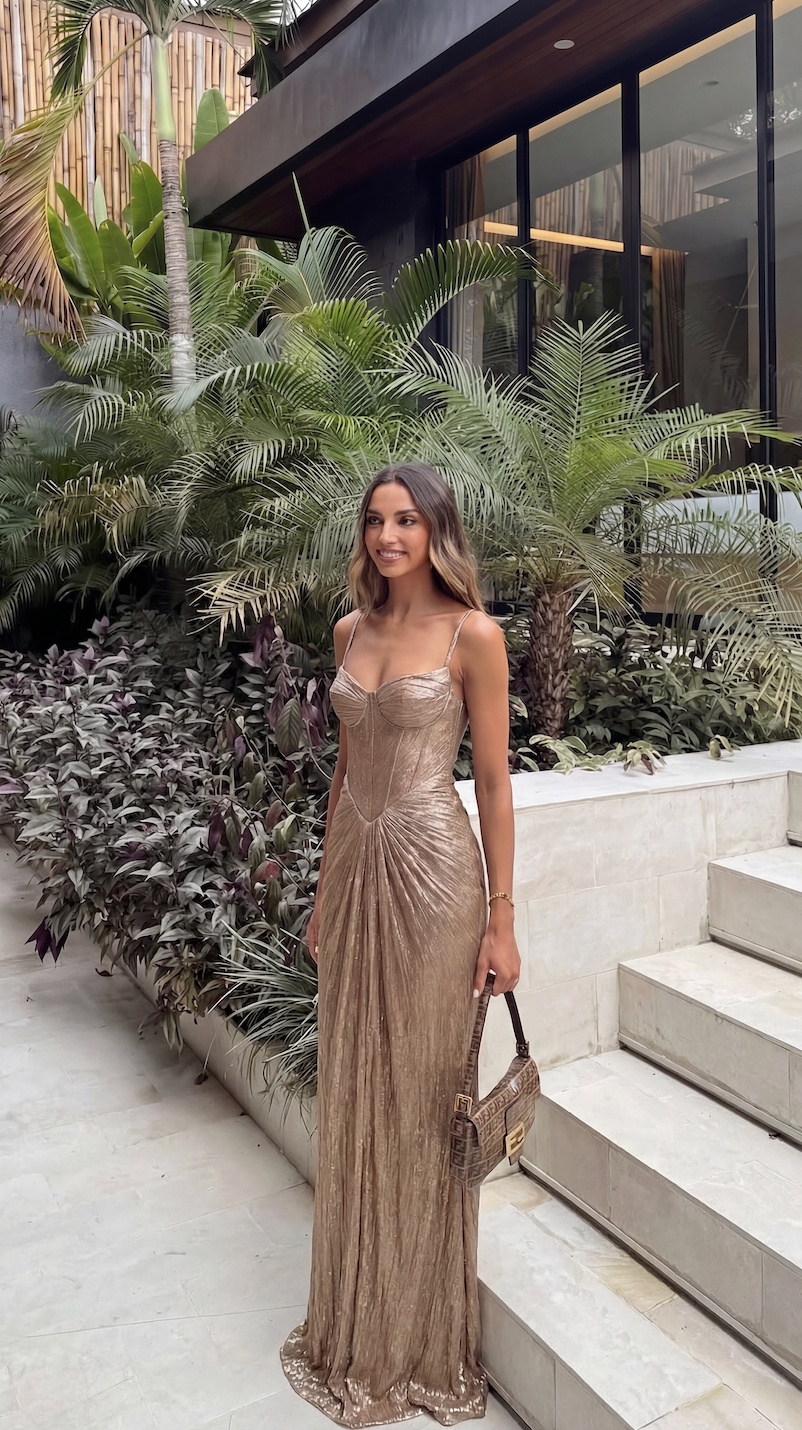 Sadie - Women's Gold Metallic Corset Maxi Dress - photo 6