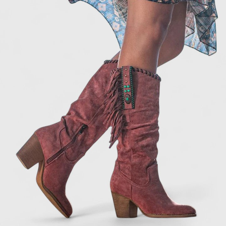 Sadie - Women's Knee-High Western Boots with Fringe Trim - photo 1