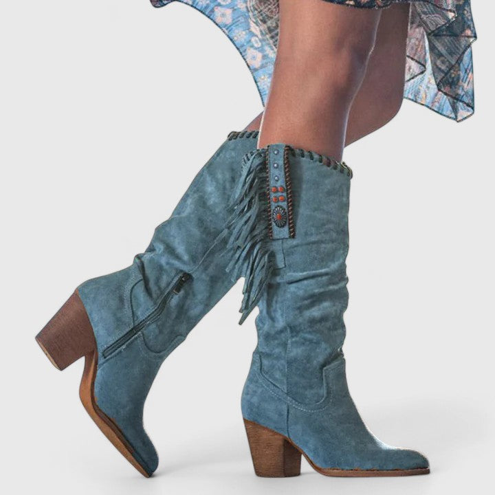Sadie - Women's Knee-High Western Boots with Fringe Trim - photo 3