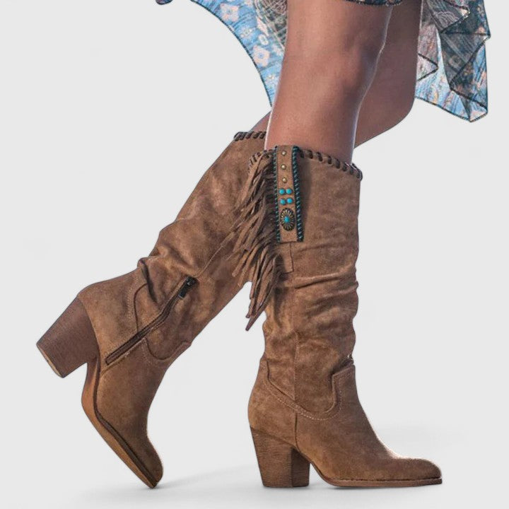 Sadie - Women's Knee-High Western Boots with Fringe Trim - photo 4