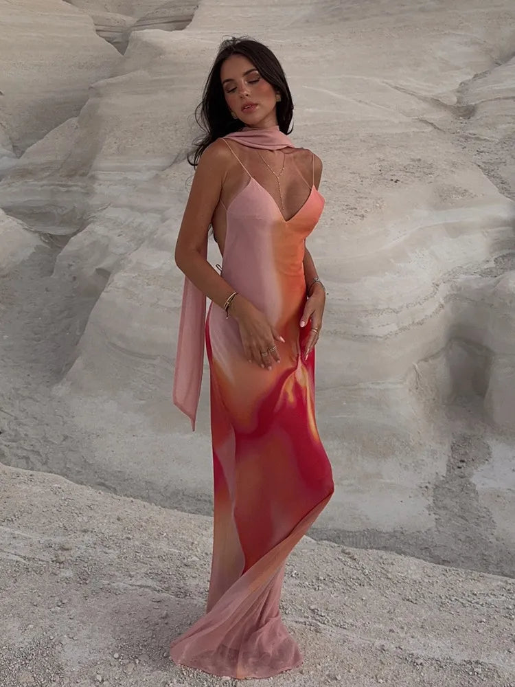 Saskia - Women's Maxi Dress in Satin with Fine Straps - photo 2