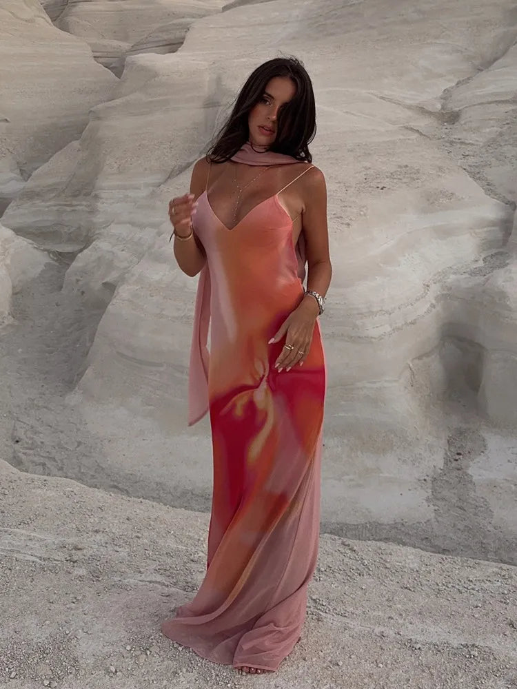 Saskia - Women's Maxi Dress in Satin with Fine Straps - photo 3