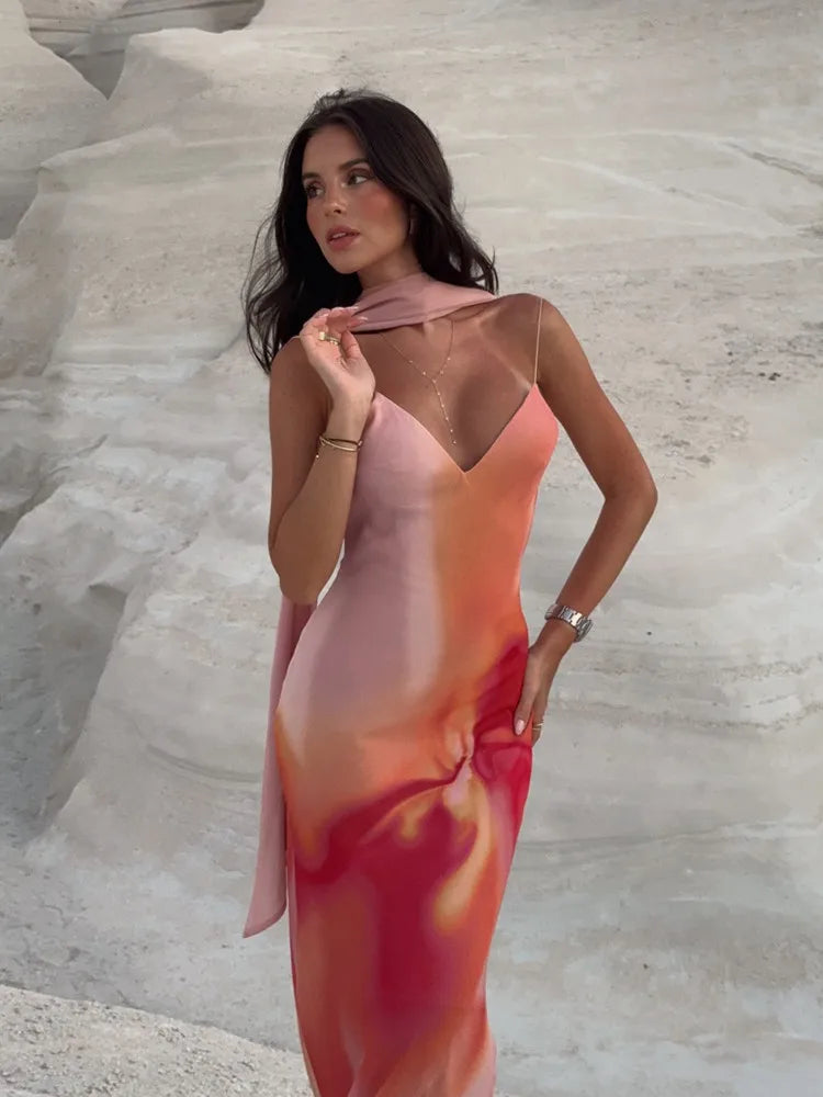 Saskia - Women's Maxi Dress in Satin with Fine Straps - photo 4