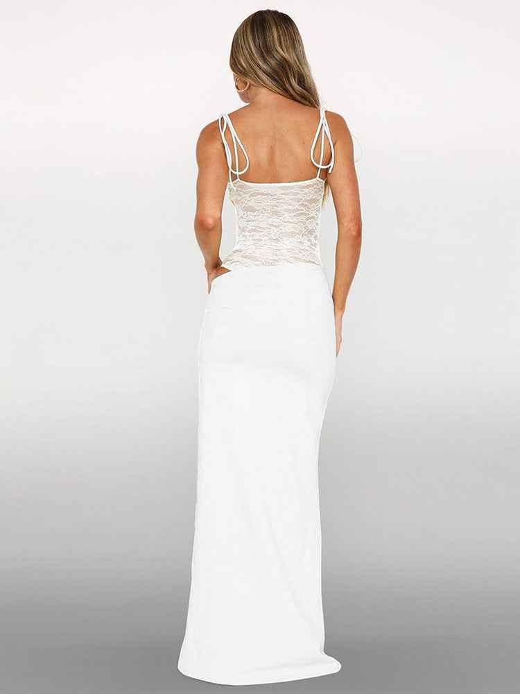 Sina – figurbetontes Maxikleid mit Schnürträgern und transparenter Spitzen-Corsage