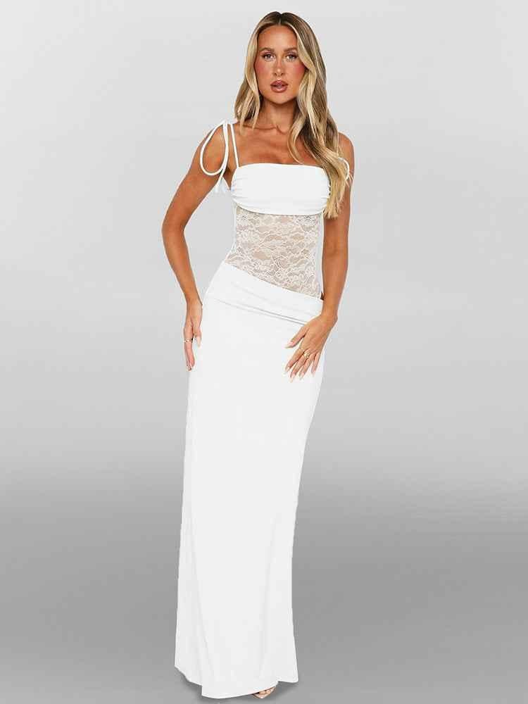 Sina – figurbetontes Maxikleid mit Schnürträgern und transparenter Spitzen-Corsage