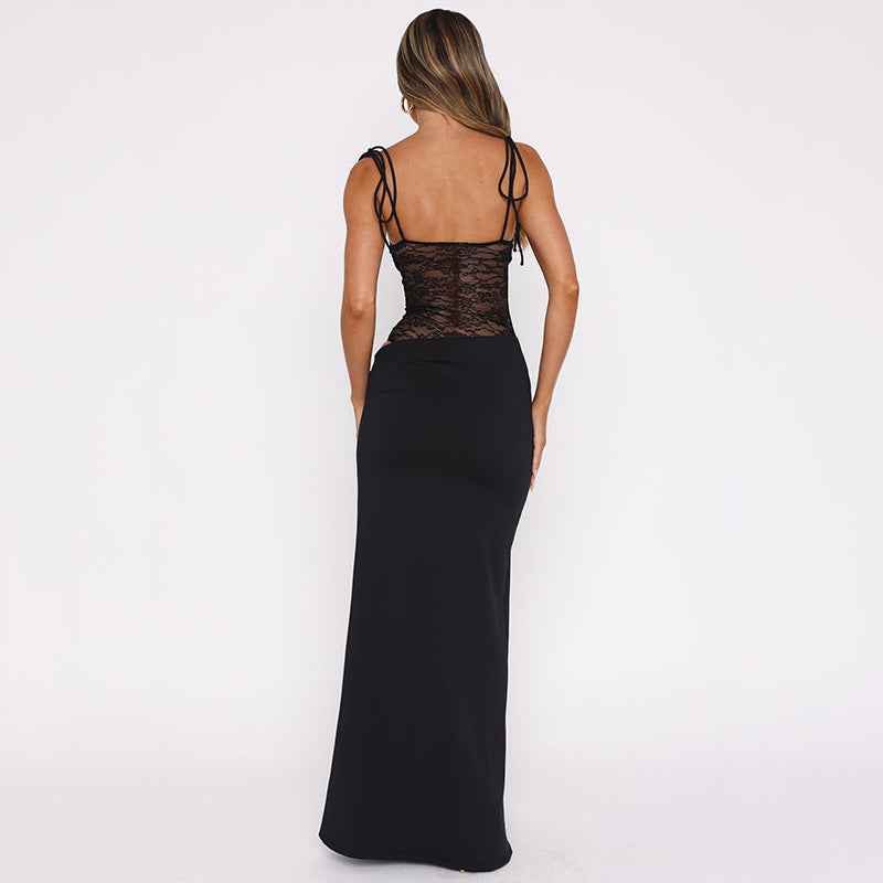 Sina – figurbetontes Maxikleid mit Schnürträgern und transparenter Spitzen-Corsage
